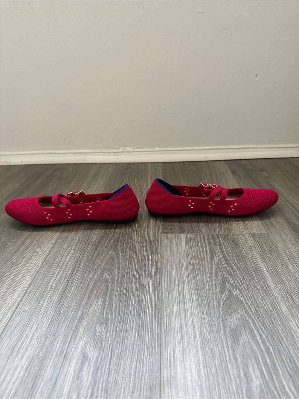Rothy's Red Double-Strap Mary Jane Flats with Gold Buckles - Picture 3 of 3